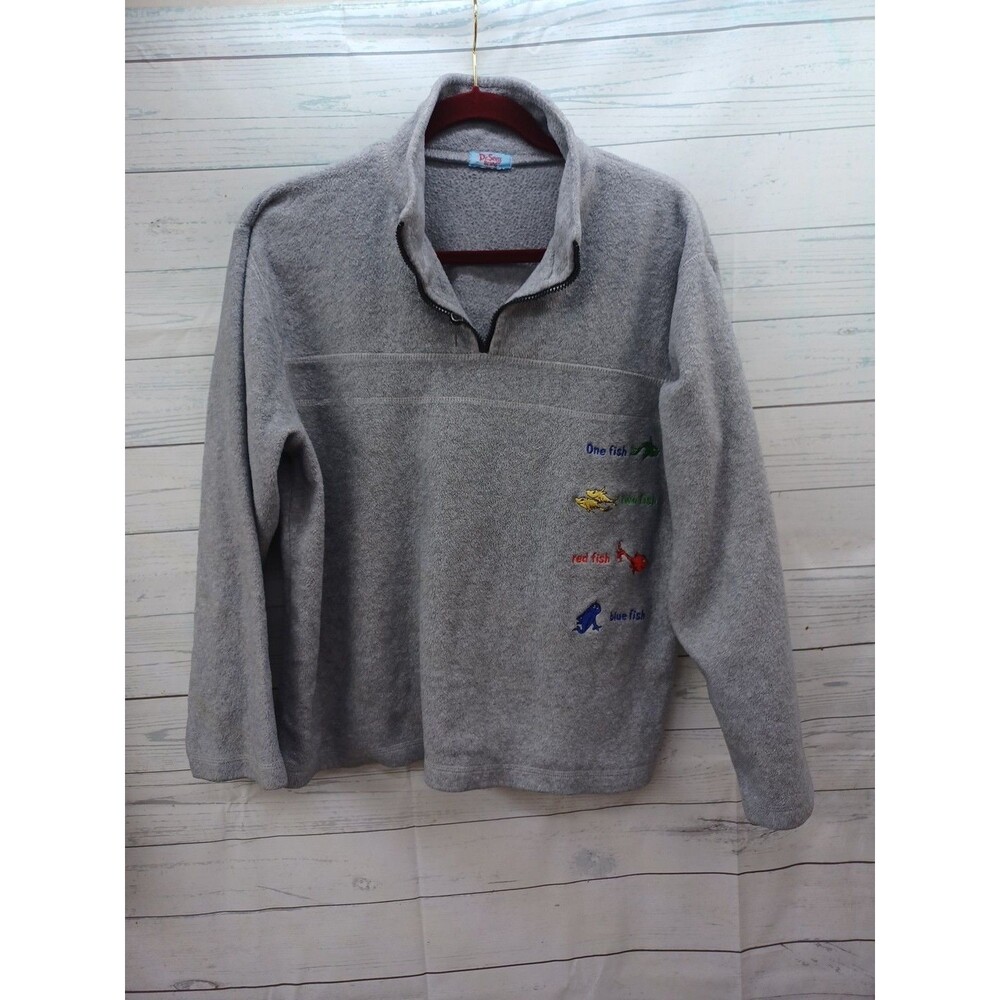 Dr Seuss Mens Sweater L Gray Fleece Quarter Zip Pullover Long Sleeve Fish
